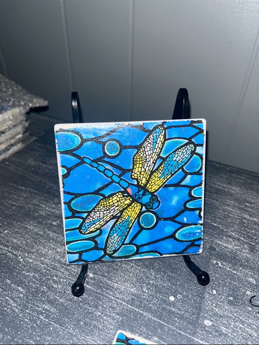 Blue Dragonfly Ceramic Coaster with Yellow Accent - Unbranded